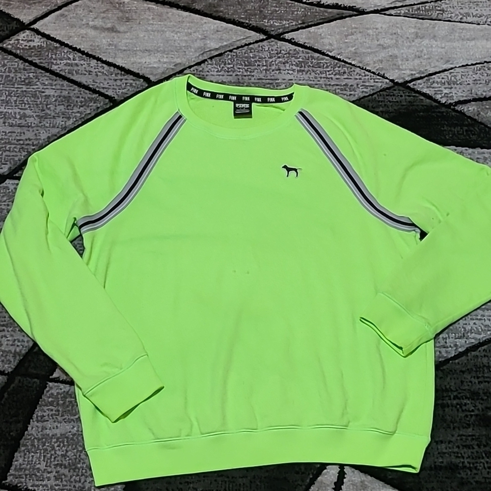 VS PINK 2015 Campus Neon Green Embroidered Logo Sweatshirt PRICE FIRM